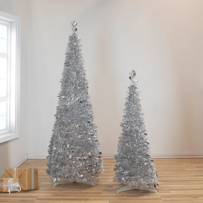 4ft. Unlit Silver Tinsel Pop-Up Artificial Christmas Tree