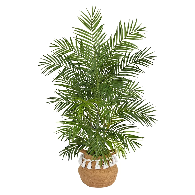 4ft. Areca Artificial Palm in Boho Chic Handmade Natural Cotton Woven Planter with Tassels
