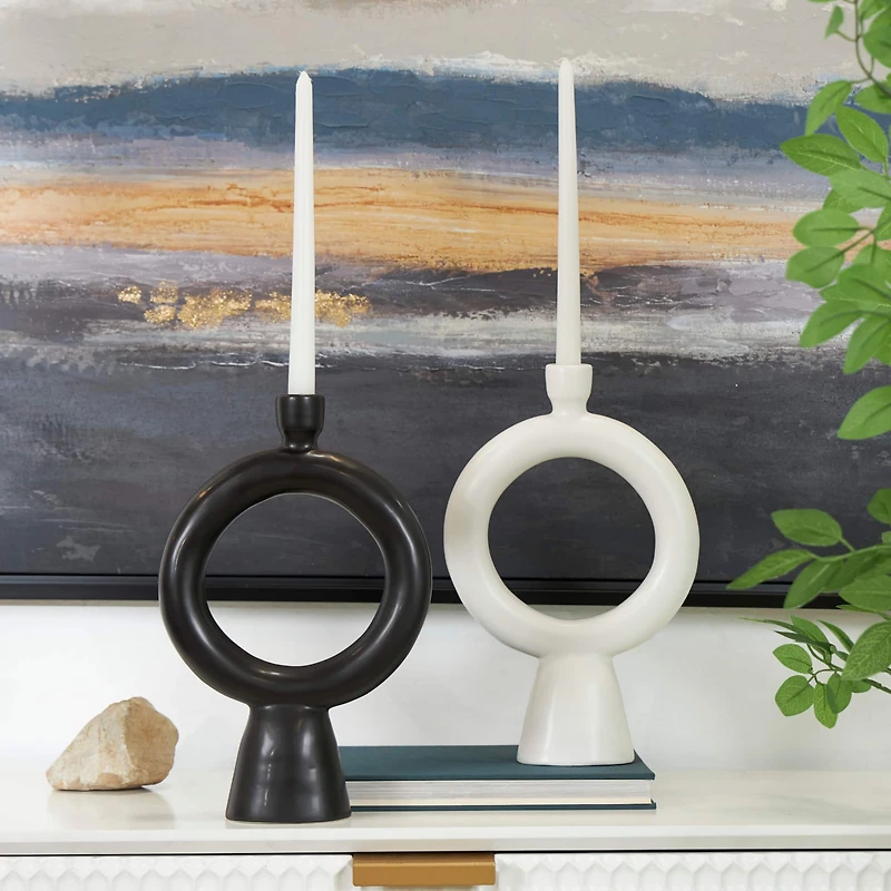 CosmoLiving by Cosmopolitan 12" Black & White Ceramic Geometric Ring Taper Candle Holder Set