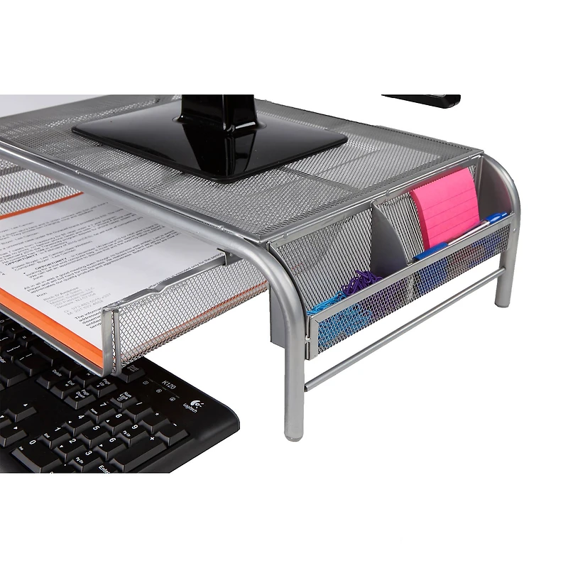 Mind Reader Silver Metal Mesh Monitor Riser Stand & Desk Drawer Organizer Set