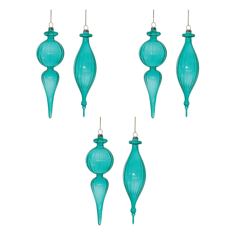 Blue Ribbed Glass Finial Drop Ornament Set