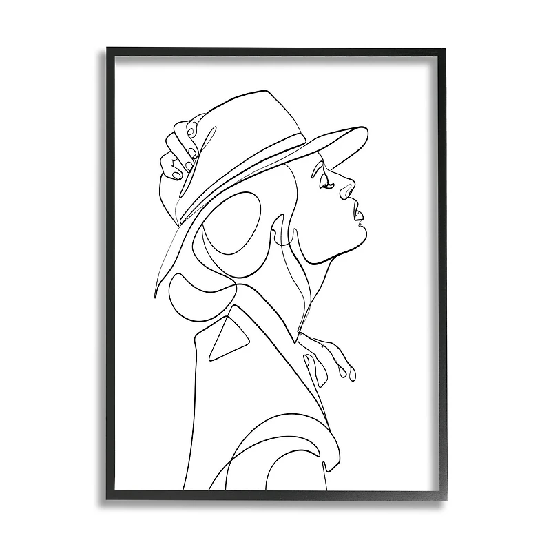 Stupell Industries Fluid Black Line Woman Modeling Hat Abstraction in Black Frame Wall Art