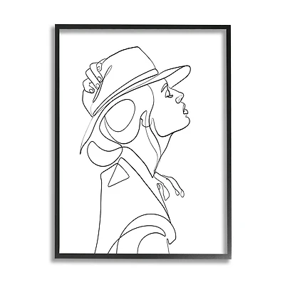 Stupell Industries Fluid Black Line Woman Modeling Hat Abstraction in Black Frame Wall Art
