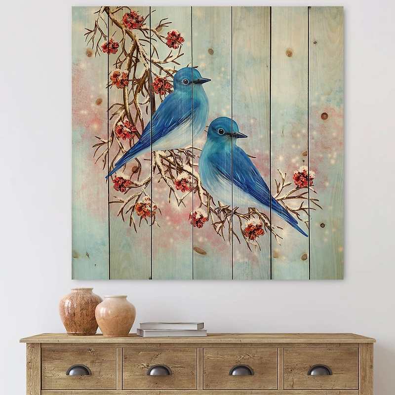 Designart - Two Blue Birds Sitting On A Branch With Berries