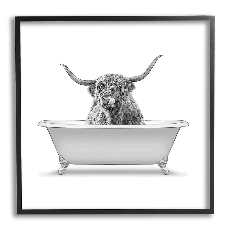 Stupell Industries Longhorn Highland Cow Bath Tub Framed Giclee Art