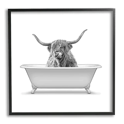 Stupell Industries Longhorn Highland Cow Bath Tub Framed Giclee Art