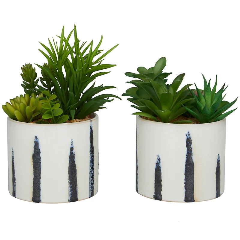 Novogratz Green Faux Foliage Succulent in Patterned Porcelain Pot Set