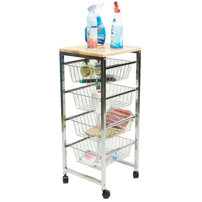 Mind Reader 34" Silver 4-Tier Wire Basket Cart with Wood Surface