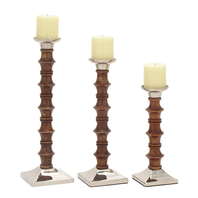 Brown Wood & Aluminum Pillar Candle Holder Set