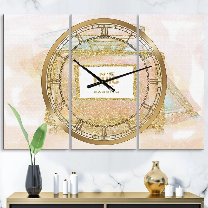 Designart Nr 5 Chic Paris Parfum Fashion 3 Panel Large Wall Clock