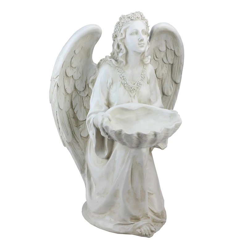 19.75" White Kneeling Angel Holding Shell Outdoor Garden Statue Bird Feeder