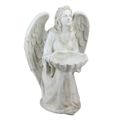 19.75" White Kneeling Angel Holding Shell Outdoor Garden Statue Bird Feeder