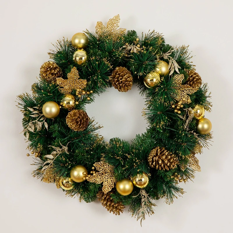 24in. Pre-Lit Artificial Golden Frosted Christmas Wreath with 50 Warm White LED Lights Pinecones, Berries and Ornaments