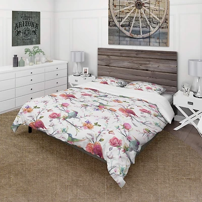 Designart 'Vintage Pattern: Bird, Flowers, Leaves' Farmhouse Bedding Set