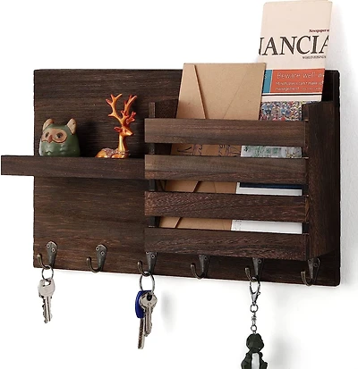 NEX™ Rustic Brown Wall-Mounted Mail Envelope Organizer with Key Hooks