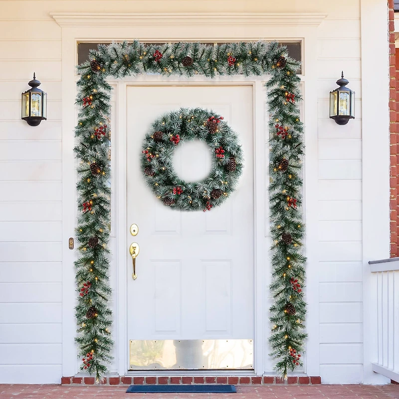 Glitzhome® 9ft. Pre-Lit Greenery Pinecones & Red Berries Christmas Garland