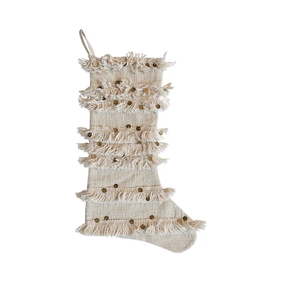 Hello Honey® 20" Cream Woven Cotton Slub Stocking with Vintage Reproduction Moroccan Wedding Blanket Embellishments