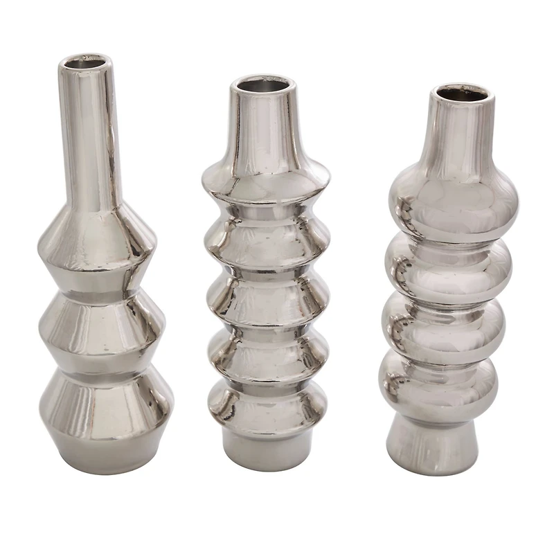Silver Ceramic Abstract Bubble Ribbed Vase Set