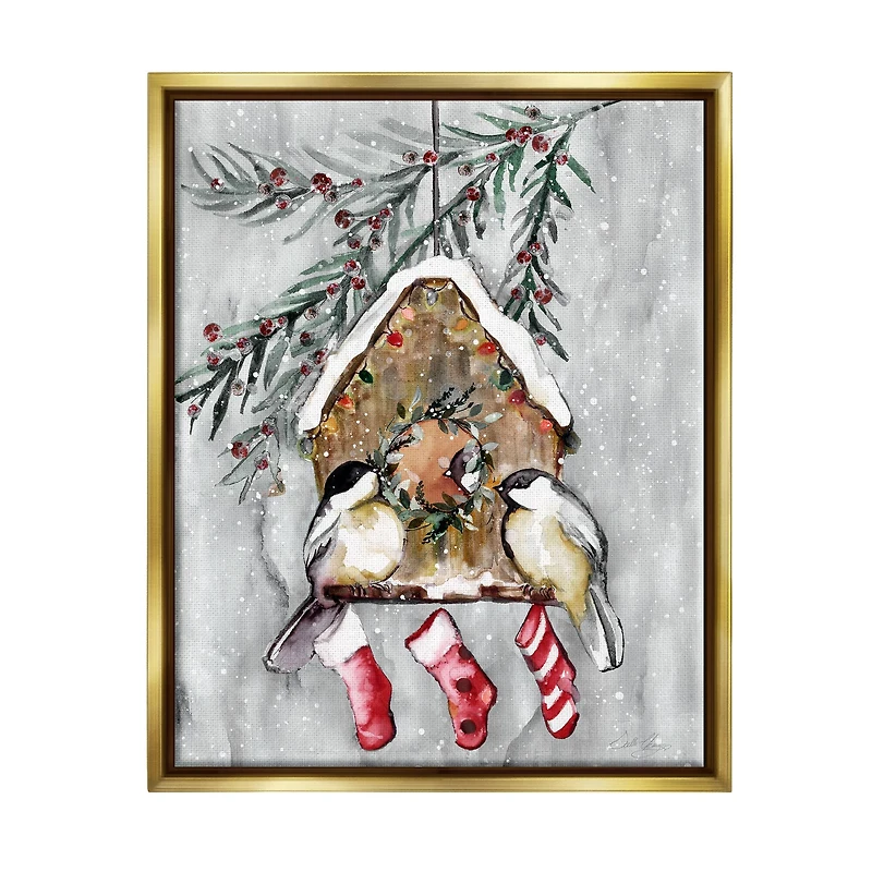 Stupell Industries Holiday Stockings Birdhouse Perched Gold Framed Floater Canvas Wall Art