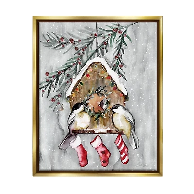 Stupell Industries Holiday Stockings Birdhouse Perched Gold Framed Floater Canvas Wall Art