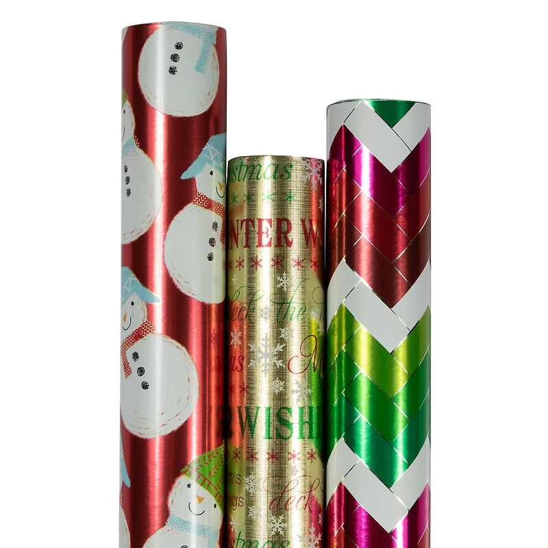 JAM Paper Red Foil Merry Christmas, Green Greetings & Green Red Stripe Gift Wrap Set