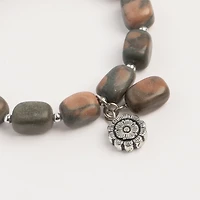 John Bead Jasper Gray Natural Stone Stretch Bracelet with Flower Charm