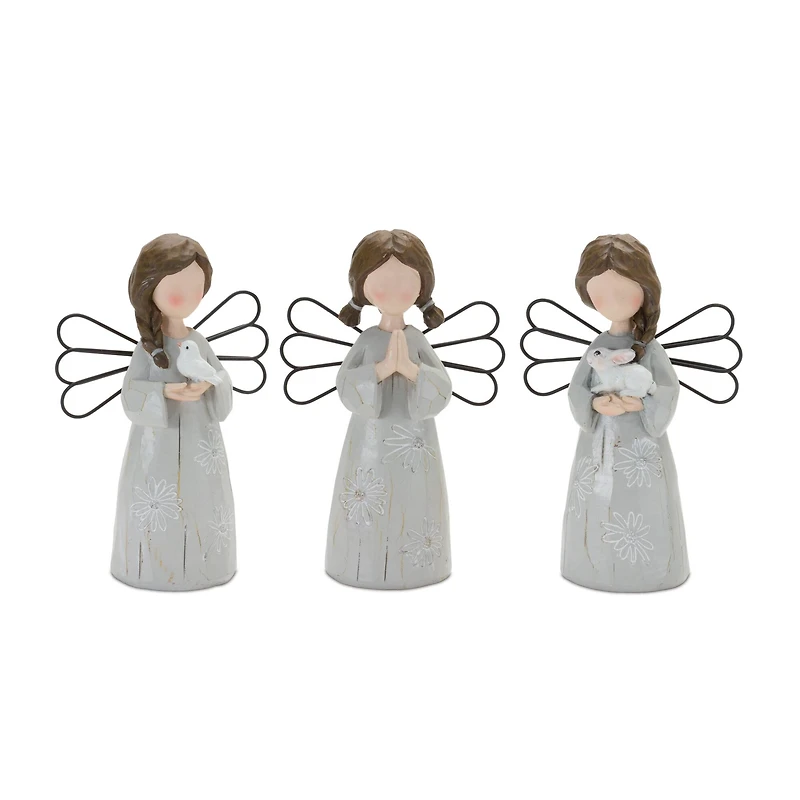 6" Floral Etched Angel Figurine Set