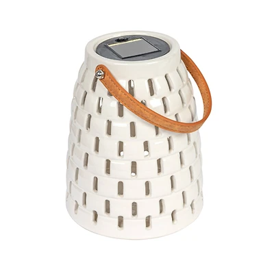 Hello Honey® 8" White & Brown Stoneware Rechargeable LED Solar Powered Waterproof Lantern