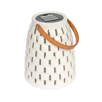 Hello Honey® 8" White & Brown Stoneware Rechargeable LED Solar Powered Waterproof Lantern