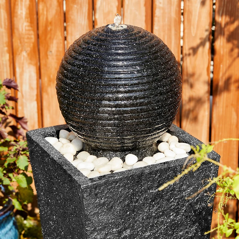 Glitzhome® Modern LED Black Geometric Pedestal & Sphere Outdoor Floor Fountain