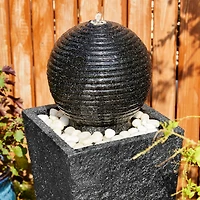 Glitzhome® Modern LED Black Geometric Pedestal & Sphere Outdoor Floor Fountain
