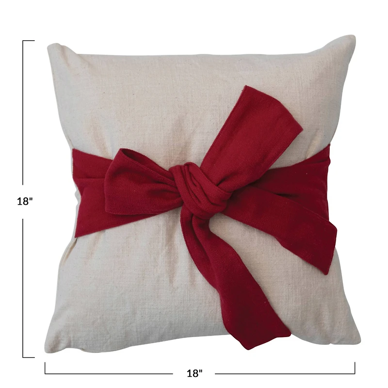 Hello Honey® Cream & Red Hand-Woven Cotton Slub Pillow with Bow