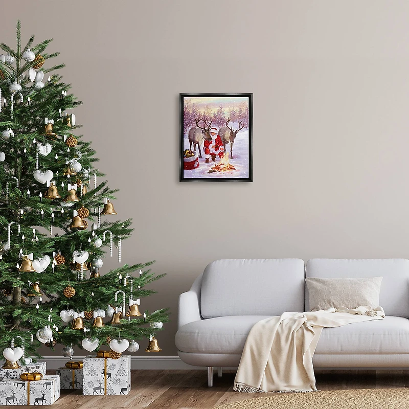 Stupell Industries Santa & Reindeer Bonfire Scene Framed Floater Canvas Wall Art
