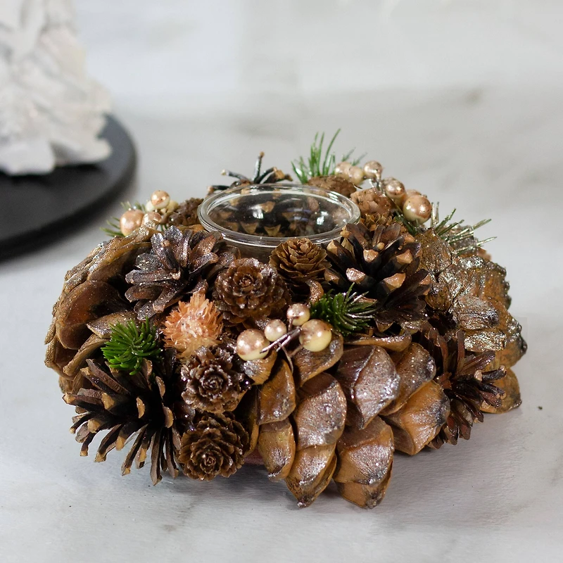 7.25" Autumn Artificial Foliage Pine Cone Votive Candle Holder