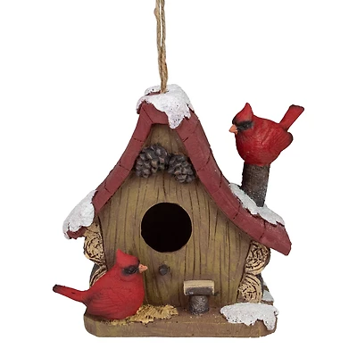 7" Brown & Red Christmas Birdhouse with Cardinals