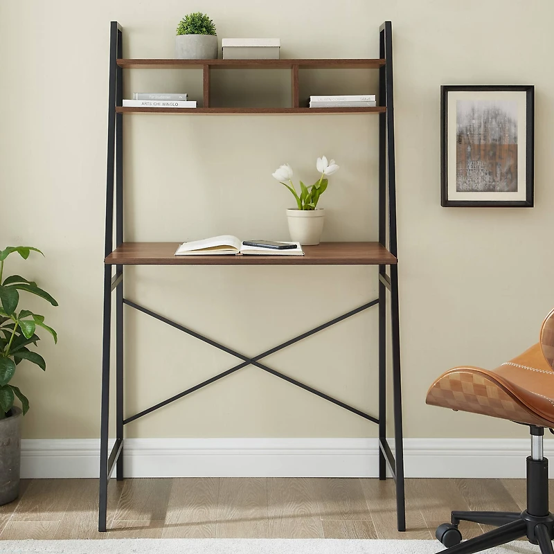 Walker Edison 56" Dark Walnut Industrial Ladder Desk with Storage