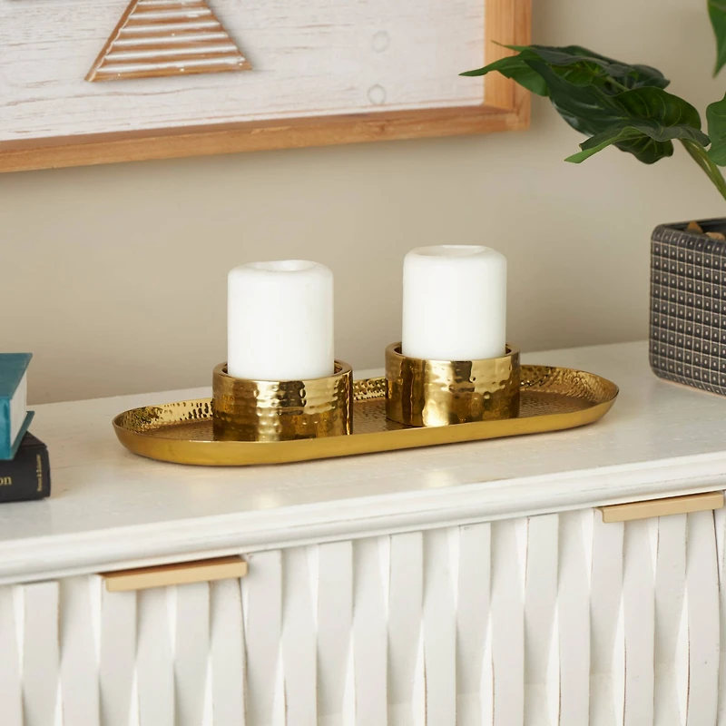 16" Gold Stainless Steel Metal Hammered Candle Holder with Oval Tray Plate