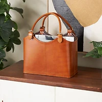20" Brown Leather Handmade Box Style Single Slot Decorative Magazine Holder with Curved Buckle Handles