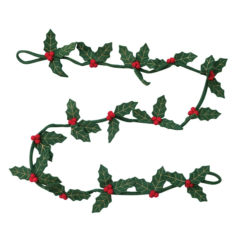 Hello Honey® 6ft. Green & Red Handmade Wool Felt Gold Embroidered Holly Leaves & Berries Wired Garland