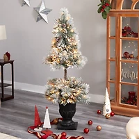 5ft. Pre-Lit Flocked Artificial Christmas Tree in Decorative Urn, White LED Lights