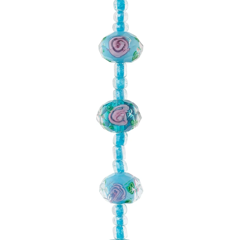 Aqua Floral Lampwork Glass Rondelle Beads, 11mm by Bead Landing™