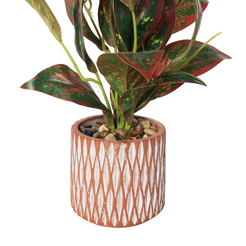 14" Croton Artificial Plant with Geometric Patterned Pot
