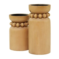 Brown Wood Beaded Pillar Candle Holder Set