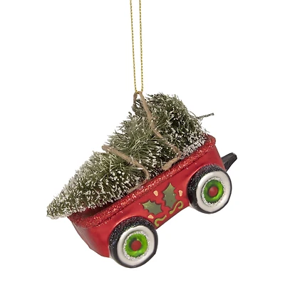 4.5" Red Glittered Wagon with Tree Ornament