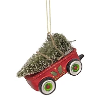 4.5" Red Glittered Wagon with Tree Ornament