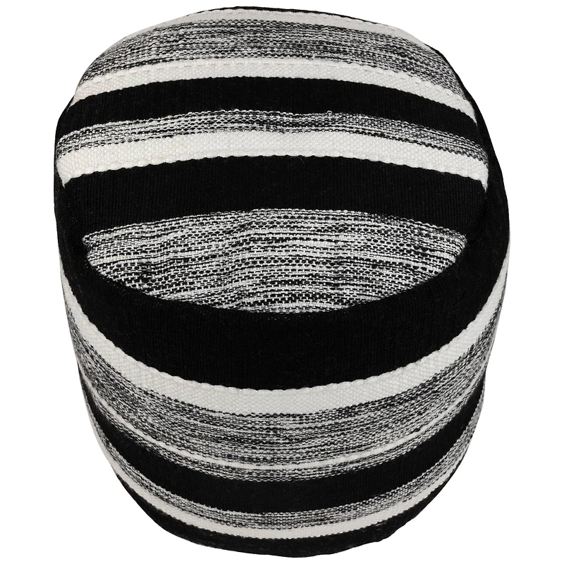 18" Black & White Woven Stripes Outdoor Pouf Ottoman
