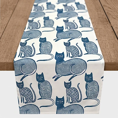 Blue Cat Pattern 16" x 72" Cotton Twill Runner