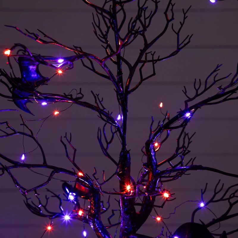 4ft. Pre-Lit Artificial Halloween Black Spooky Twig Tree with Bats and 120 Orange & Purple LED Lights
