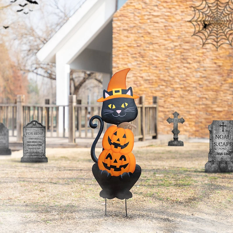 Glitzhome® 36"H Halloween Metal Black Cat with Spring Head and Stacked Pumpkin Yard Stake