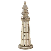 Set of 2 Brown Wood Coastal Light House Sculpture, 15", 20"